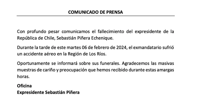 Comunicado en que se hace oficial el fallecimiento de Sebastián Piñera. Foto: CNN Chile   