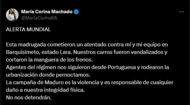 Pronunciación de María Corina Machado sobre el más reciente atentado que sufriese. Foto: X/MariaCorinaYA   