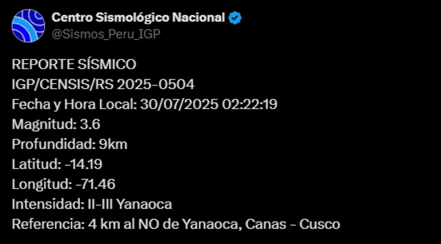Sismo de magnitud de 3,6 sacude Cusco. Foto: IGP Sismo de magnitud de 3,6 sacude Cusco. Foto: IGP