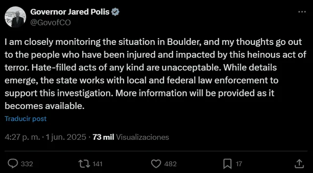 Colorado Governor Jared Polis addresses the Boulder terror attack, condemning hate-filled violence and pledging full cooperation with federal and local law enforcement in the ongoing investigation. Photo: Jared Polis X account Colorado Governor Jared Polis addresses the Boulder terror attack, condemning hate-filled violence and pledging full cooperation with federal and local law enforcement in the ongoing investigation. Photo: Jared Polis X account