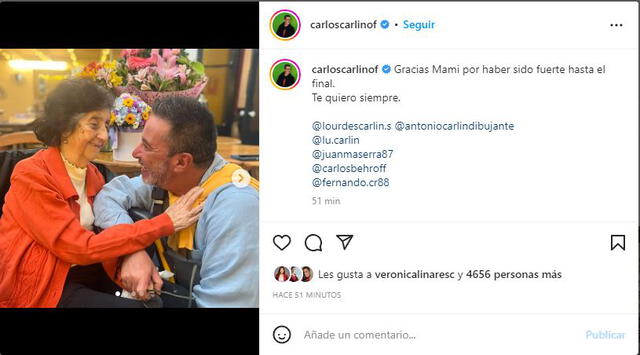 Carlos Carlín lamenta la partida de su madre. Foto: captura/Instagram