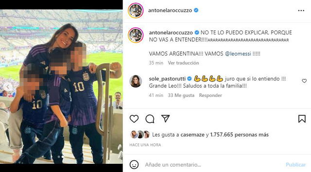 Antonela Roccuzzo y los hijos de Messi felices por victoria de Argentina.