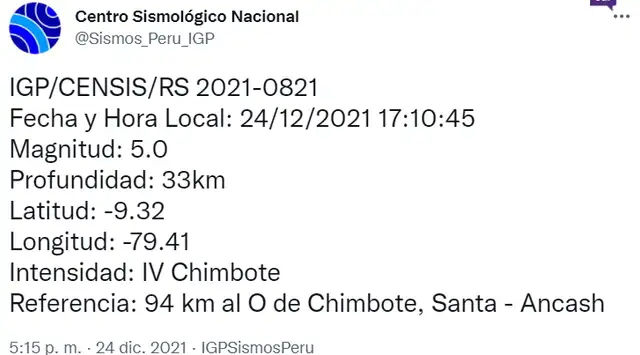 Publicación del Centro Sismológico Nacional. Foto: Twitter Publicación del Centro Sismológico Nacional. Foto: Twitter