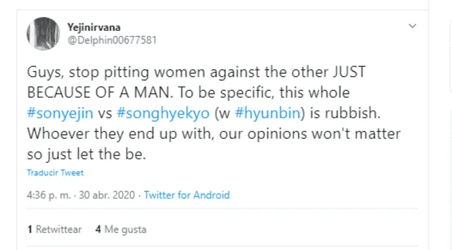 En redes sociales se desató un polémica por el triángulo Song Hye Kyo, Hyun Bin y Son Ye Jin. Captura Twitter.