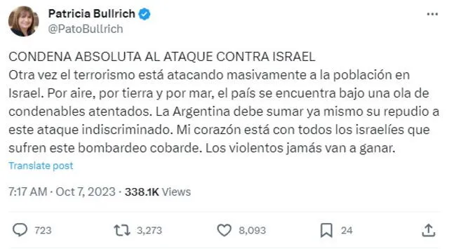 La aspirante presidencial Patricia Bullrich condenó el ataque terrorista a Israel. Foto: @PatoBulrich   