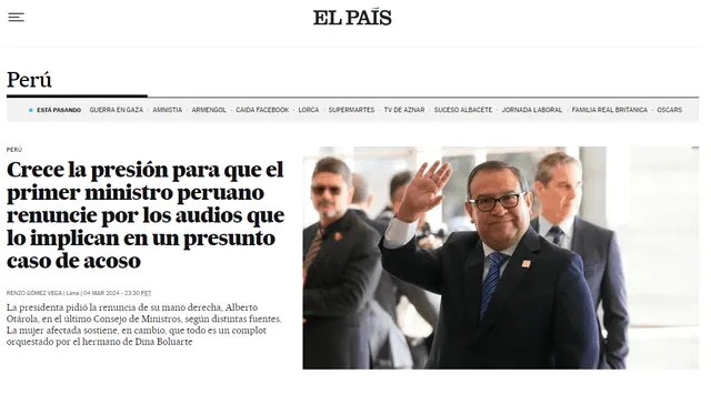  Así informa El País sobre los audios de Alberto Otárola. Foto: El País/captura<br>    