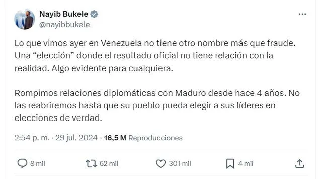 <em> Posicionamiento de Nayib Bukele sobre las recientes elecciones presidenciales en Venezuela. Foto: captura de X</em>   