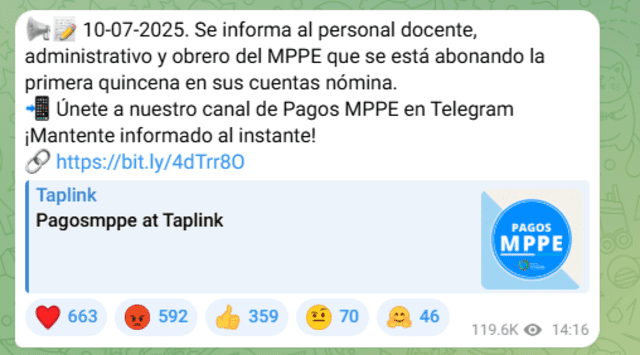 El Ministerio de Educación comunicó cuándo y quiénes cobran la primera quincena. Foto: Telegram/MPPE El Ministerio de Educación comunicó cuándo y quiénes cobran la primera quincena. Foto: Telegram/MPPE