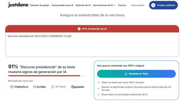 Justdone, verificador de IA, indica que el 91% del texto muestra signos de generación por IA. Foto: captura de pantalla/Justdone Justdone, verificador de IA, indica que el 91% del texto muestra signos de generación por IA. Foto: captura de pantalla/Justdone