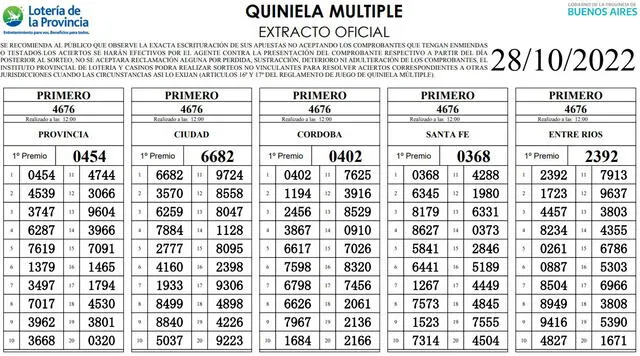 Extracto oficial de la Quniela Matutina.