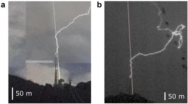 Imágenes del potente láser desviando la trayectoria de los rayos de una tormenta. Foto: AFP