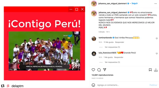 Johanna San Miguel celebra la victoria de Perú