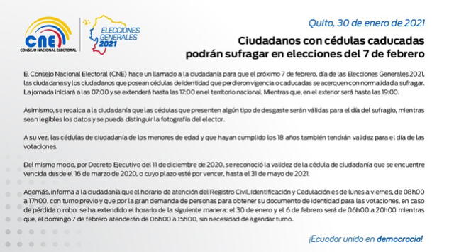 El Consejo Nacional Electoral informó que las personas con cédulas caducadas podrán sufragar. Foto: Twitter @cnegobec
