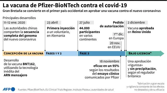 Principales desarrollos en la elaboración de la vacuna de Pfizer-BioNTech. Infografía: AFP