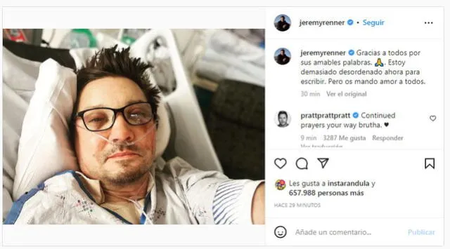 Jeremy Renner se recupera tras accidente.