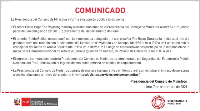 Comunicado de la PCM.