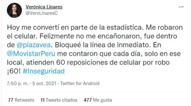 Verónica Linares denuncia robo de celular en Plaza vea