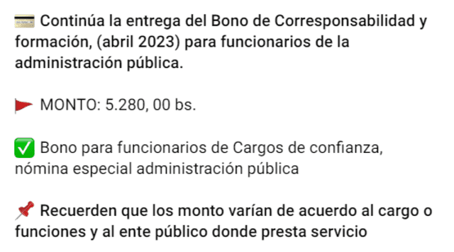  El Bono de Corresponsabilidad es entregado a funcionarios de cargos de confianza. Foto: Canal Patria Digital/ Telegram   