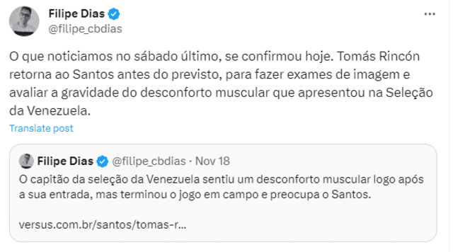 Tomás Rincón estaría camino a Brasil para que los médicos diagnostiquen a qué se debe su lesión. Foto: Twitter   