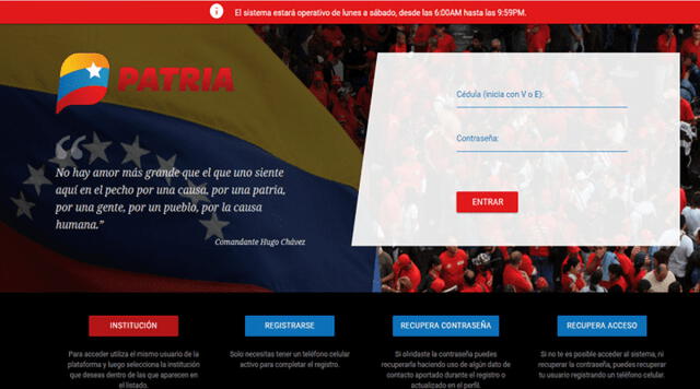 Este es el sistema oficial para la entrega de bonos en Venezuela. Foto: Patria