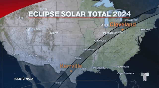 Recorrido del eclipse solar 2024 por Norteamérica y en Estados Unidos. Foto: Telemundo   