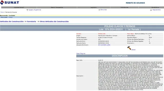  El remate aduanero estará disponible hasta el 8 de agosto. Foto: captura/ Sunat   