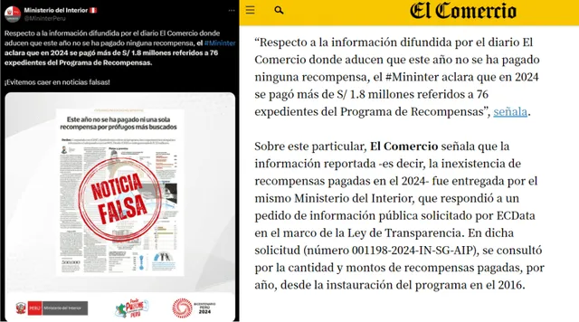  Izquierda: acusación de fake news de parte del Mininter | Derecha: aclaración de El Comercio, donde señalan que el pedido fue realizado por Ley de Transparencia y brindado por el propio Mininter. | Fuente: El Comercio.    