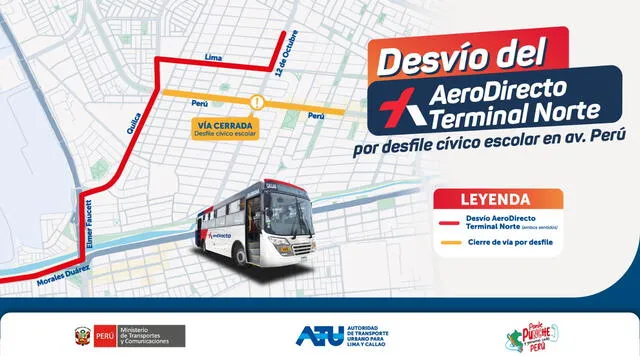 Desvío del servicio AeroDirecto por desfile escolar. Foto: ATU Desvío del servicio AeroDirecto por desfile escolar. Foto: ATU