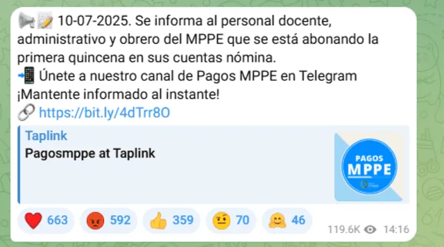 La primera quincena de julio 2025 ya cuenta con fecha de pago. Foto: Telegram/MPPE La primera quincena de julio 2025 ya cuenta con fecha de pago. Foto: Telegram/MPPE