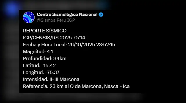 Temblor de 4,1 se registró en Ica. Foto: IGP Temblor de 4,1 se registró en Ica. Foto: IGP