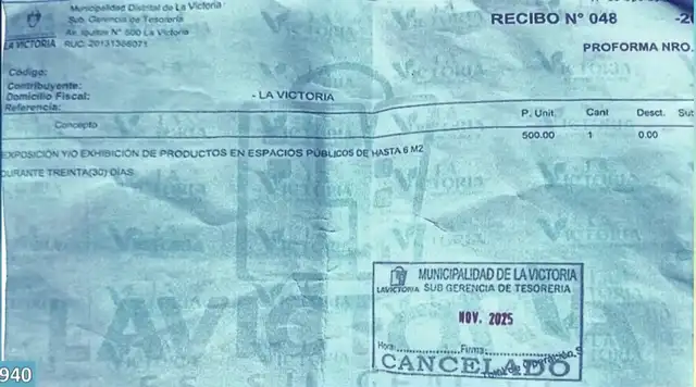 Recibo de cobro de S/500 por seis metros cuadrados de la vía pública. Foto: Panamericana. Recibo de cobro de S/500 por seis metros cuadrados de la vía pública. Foto: Panamericana.