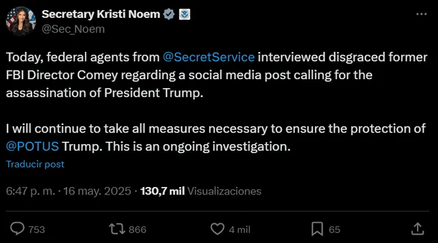 Federal agents questioned former FBI Director Comey over a social media post targeting President Trump. Secretary Kristi Noem stressed ongoing protection efforts. Photo: Kristi Noem X account Federal agents questioned former FBI Director Comey over a social media post targeting President Trump. Secretary Kristi Noem stressed ongoing protection efforts. Photo: Kristi Noem X account