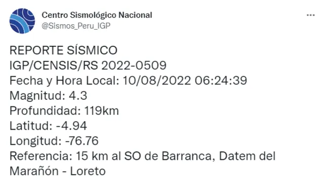 Datos del sismo en Loreto. Foto: captura de Twitter @igp_peru