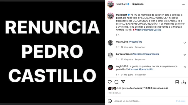 Mario Hart pide la renuncia de Pedro Castillo y llama a la unión de los peruanos