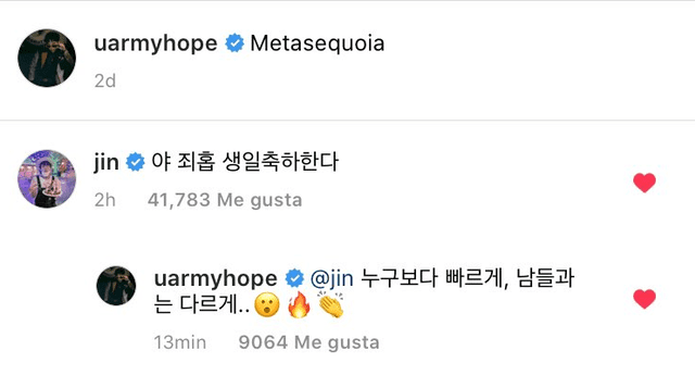 Comentario de Jin en la publicación de J-Hope. Foto: captura/Instagram