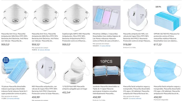 Algunos de los productos ofertados al buscar "mascarilla" en Amazon. (Foto: Captura)