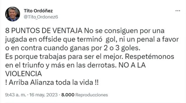  Tito Ordóñez defendió el triunfo de Alianza y su ventaja sobre la 'U'. Foto: captura de Twitter   