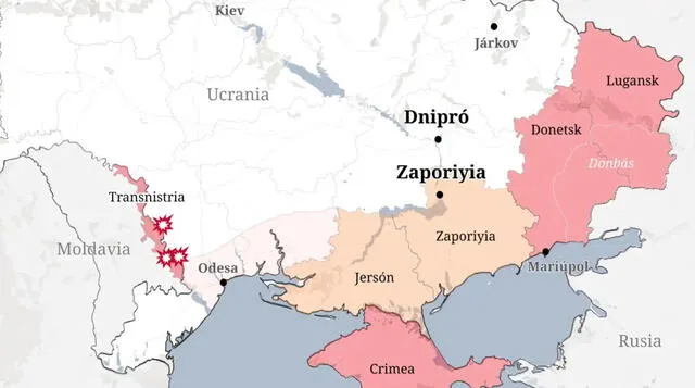 Lugansk, Donetsk, Zaporiyia y Jersón son las cuatro regiones en cuestión. Foto: El Español<br>    