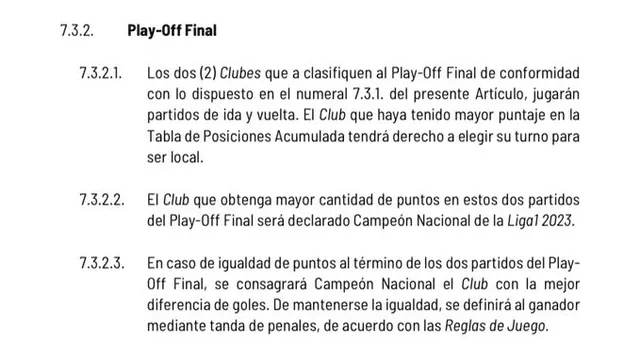  Esto dice el reglamento sobre un empate en los dos partidos de las finales de la Liga 1. Foto: reglamento Liga 1   