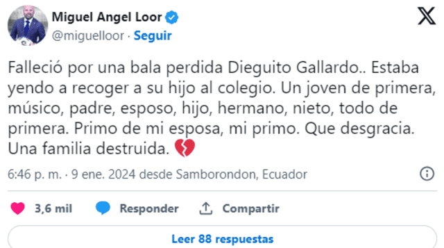  Miguel Ángel Loor confirmó el fallecimiento de Diego Gallardo. Foto: captura de X/Miguel Ángel Loor   