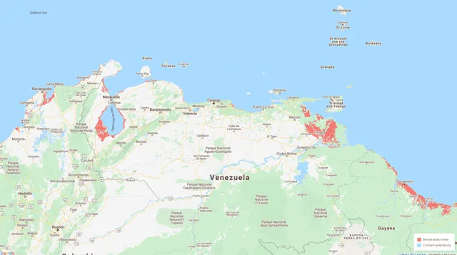 Áreas cercanas a un lado venezolano terminarían bajo el mar pronto. Foto: Climate Central/CNN<br>    