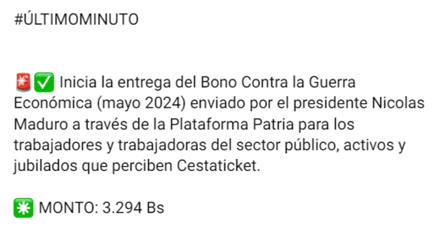 El pago del Bono de Guerra para funcionarios públicos llegó el 14 de mayo. Foto: Canal Patria Digital/Telegram