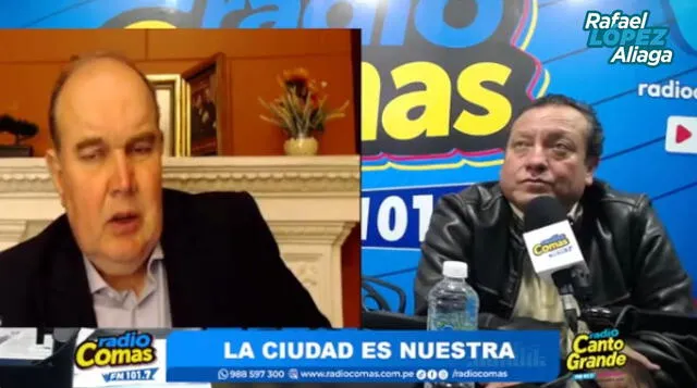  Rafael López Aliaga siendo entrevistado por Miguel Saldaña. Foto: captura de pantalla.   