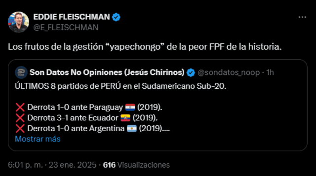  Eddie Fleischman arremetió contra la FPF tras la derrota de Perú sub-20. Foto: captura de X/Eddie Fleischman   