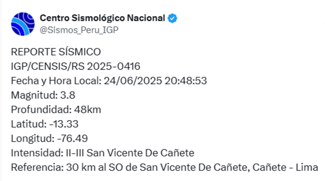 Temblor de 3,8 en Cañete. Foto: IGP Temblor de 3,8 en Cañete. Foto: IGP