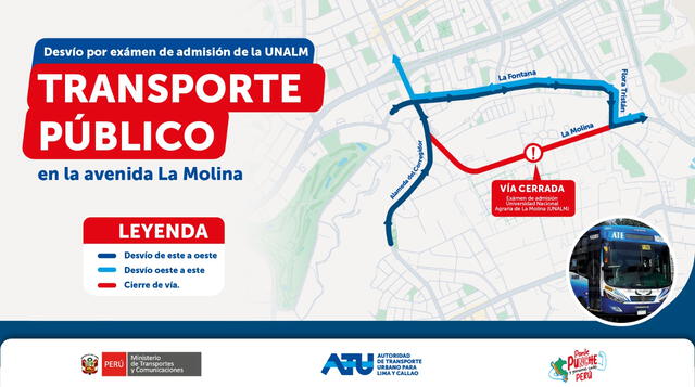Desvío en la ruta del transporte público por el examen de admisión de la Universidad Agraria. Foto: ATU Desvío en la ruta del transporte público por el examen de admisión de la Universidad Agraria. Foto: ATU
