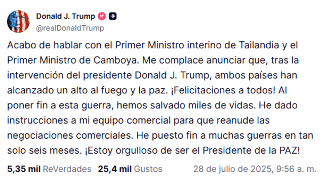  Trump se autodenominó "presidente de la paz" por intervenir en fin de la guerra de Tailandia y Camboya<br>    
