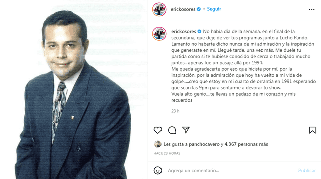 Erick Osores lamenta la partida de Alex Risi. Foto: captura de Instagram