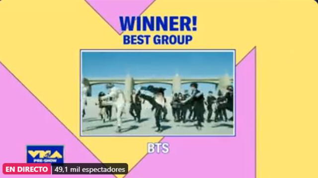BTS gana a 'Best group' en los MTV VMAs 2020. Créditos: Captura MTV