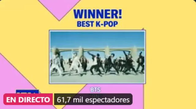BTS gana a 'Best K-pop' en los MTV VMAs 2020. Créditos: Captura MTV